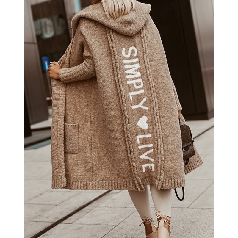 Women's Sweater Cardigan Streetwear Casual Solid Color Cable Hooded Pocket Knitted Long Sleeve Long Tops Knit Daily Going out Weekend White Pink Fall Winter3
