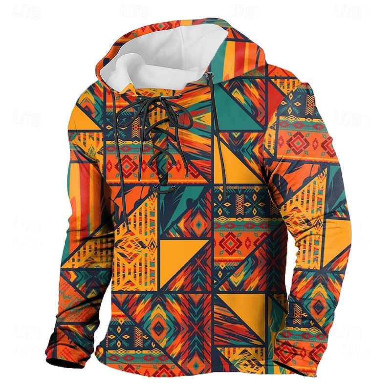 Men's Patchwork Tribal Hoodie Sweatshirt Ethnic Vintage Retro Hooded Outdoor Home Yellow Blue Drawstring Fall Winter Designer
