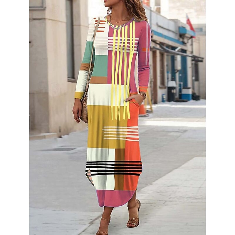 Women's Midi Dress Sheath Dress T Shirt Dress Tee Dress Vacation Casual Boho Holiday Date Regular Fit Graphic Geometric Abstract Long Sleeve Crew Neck Yellow Pink Blue Purple Spring Fall Winter Autumn3