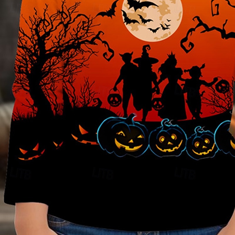 Halloween Girls' 3D Pumpkin Bat T shirt Tee Long Sleeve Spring Fall Fashion Basic Kids 4-12 Years Crew Neck Outdoor Casual Daily Regular Fit3