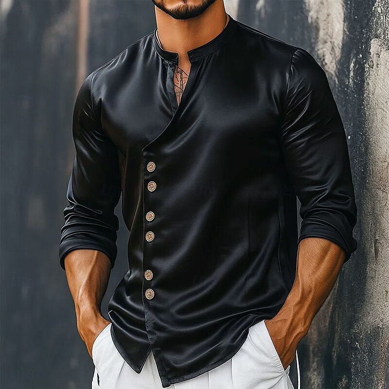 Men's Shirt Satin Shirt Dress Shirt Casual Shirt Button Up Shirt Prom Shirt Plain Formal Wedding Light Blue Black White Royal Blue Long Sleeve V Neck All Seasons Clothing Apparel