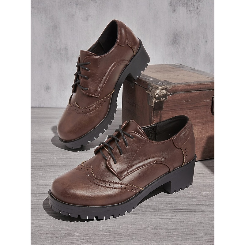 Women's 1950s Vintage Brown Brogue Platform Oxford Shoes with Lug Sole, Stylish & Versatile for Casual, Business & Daily Wear.