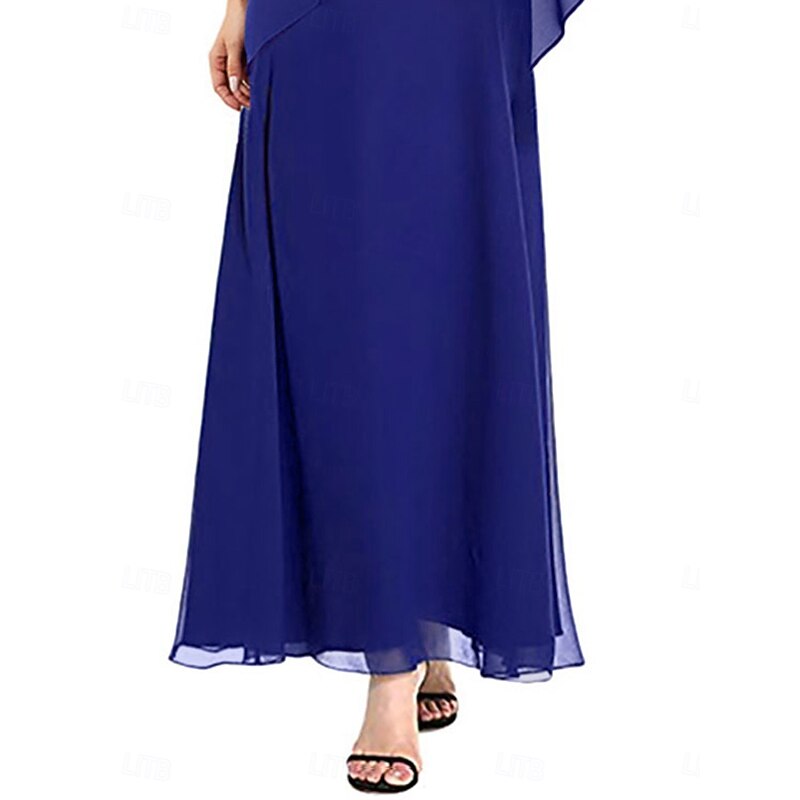 A-Line Mother of the Bride Dress Elegant Simple Square Neck Ankle Length Chiffon Short Sleeve with Solid Color4