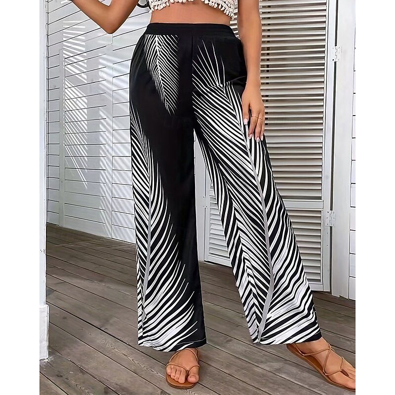 Women's Culottes Wide Leg Chinos Fashion Streetwear Full Length Medium Waist Leaf Elastic Waist Stripe Comfortable Micro-elastic Outdoor Vacation Street Black Grey White / Black Khaki Summer Spring2