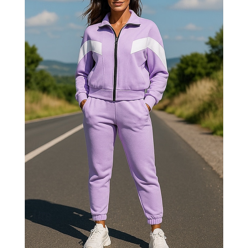 Women's Zip Up Sweatshirt Lounge Sweatsuit Sets 2 Piece Tracksuit with Pocket Color Block Clothing Suit Fall Black White Spandex Hiking Vocation Outdoor Long Sleeve Sport Activewear Micro-elastic3