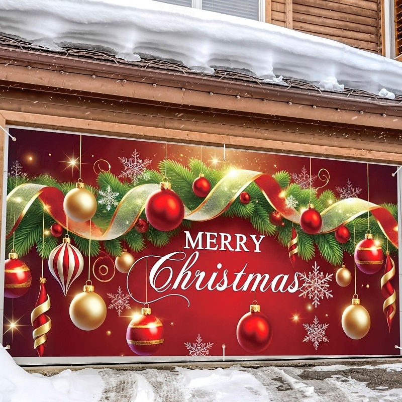 Christmas Outdoor Garage Door Cover Merry Christmas Ornament Balls Holiday Large Tapestry Backdrop Party Wall Decoration For Outdoor Garage Door Home Christmas Festival Celebration Decor2