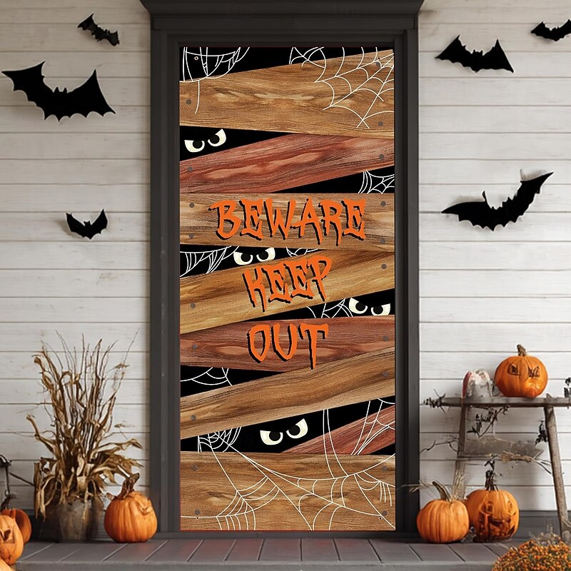 Halloween Door Covers Orange Spider Web Wooden Board Design Door Tapestry Door Curtain Decoration Backdrop Front Door Banner Farmhouse Holiday Party Indoor Outdoor Haunted Halloween Decor Supplies2