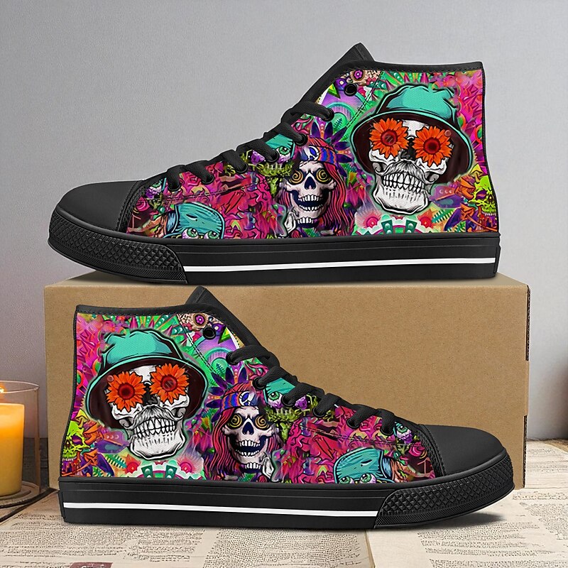 Men's Halloween Skull High Top Sneakers – Colorful Printed Canvas Lace-Up Shoes for Party, Streetwear and Cosplay4