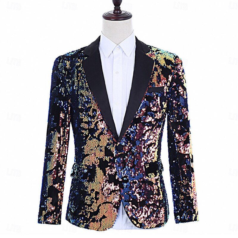 Men's Blazer Jacket Notch Collar Fashion Party Sequin Solid Colored Blazer Black Slim Fit Single Breasted One-button - Main Image