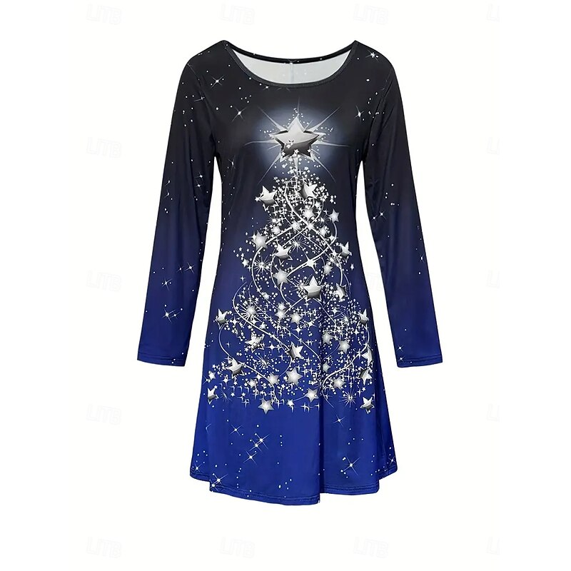 Christmas Women's Mini Dress T Shirt Dress Tee Dress Sundress A Line Dress Casual Daily Holiday Going out Regular Fit Graphic Long Sleeve Crew Neck Blue Fall Winter2