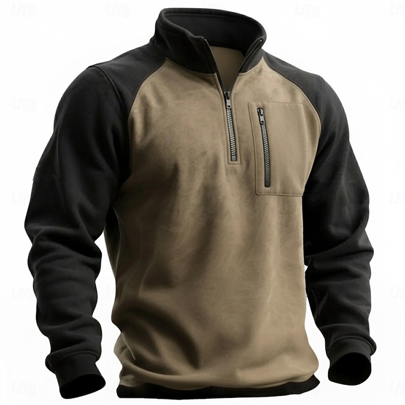 Men's Tee Top Long Sleeve Stand Collar Half Zip Fall Spring &  Fall Color Block Vintage Fashion Designer Pocket Color Block Vacation Street Casual Wine Navy Blue Green Top Tee for Men