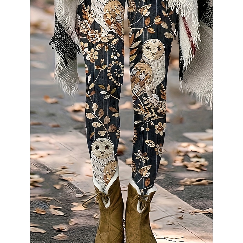 Women's Leggings Vacation Vintage Fashion Full Length High Waist Floral Graphic Owl Printing Thermal Warm Soft Breathable High Elasticity Vacation Street Casual Black Spring Fall Winter Slim Fit2
