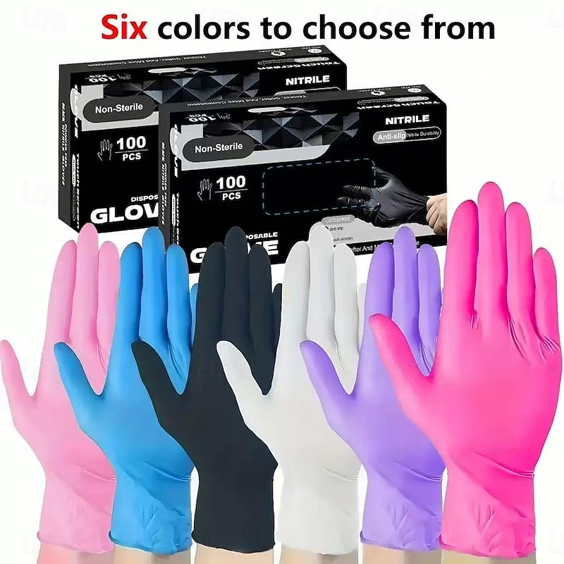 100PCS Disposable Nitrile Gloves – Six Colors, Non-Sterile, for Kitchen, Pet Care, Hair Dyeing, Manicure & Food Prep