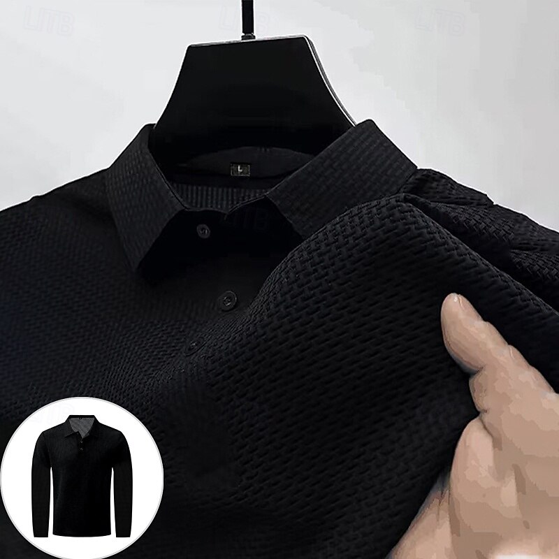Men's Golf Shirt Golf Polos Shirts Work Casual Lapel Long Sleeve Basic Modern Plain Jacquard Buttons Spring Fall Regular Fit Black White Wine Dark Navy Blue Green Golf Shirt3