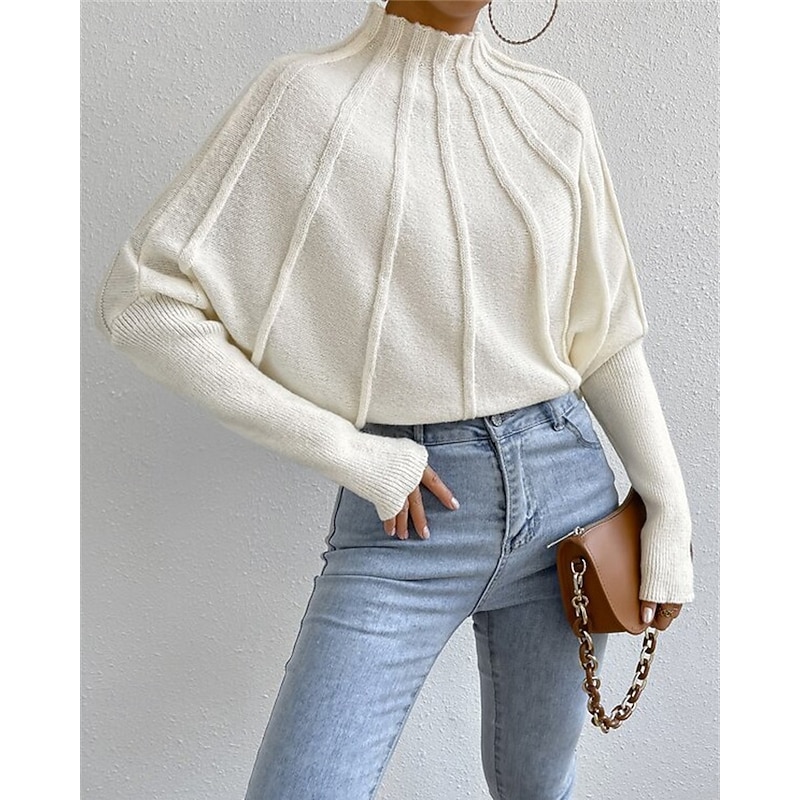 Women's Sweater Pullover Fashion Casual Solid Color Ribbed Mock Neck Knitted Long Sleeve Regular Tops Knit Outdoor Daily Weekend Black Blue Fall Winter