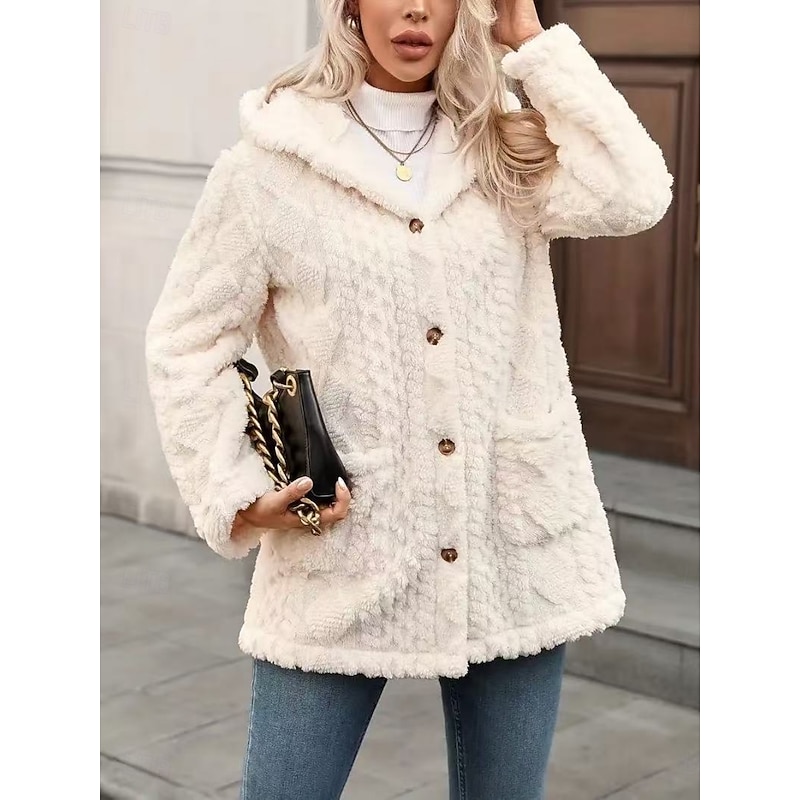 Women's Fleece Jacket Comfortable Breathable Pocket Buttons Casual Plain Vacation Street Casual Daily Wear Single Breasted Regular Hooded Regular Fit Long Sleeve Outerwear White Spring Fall4