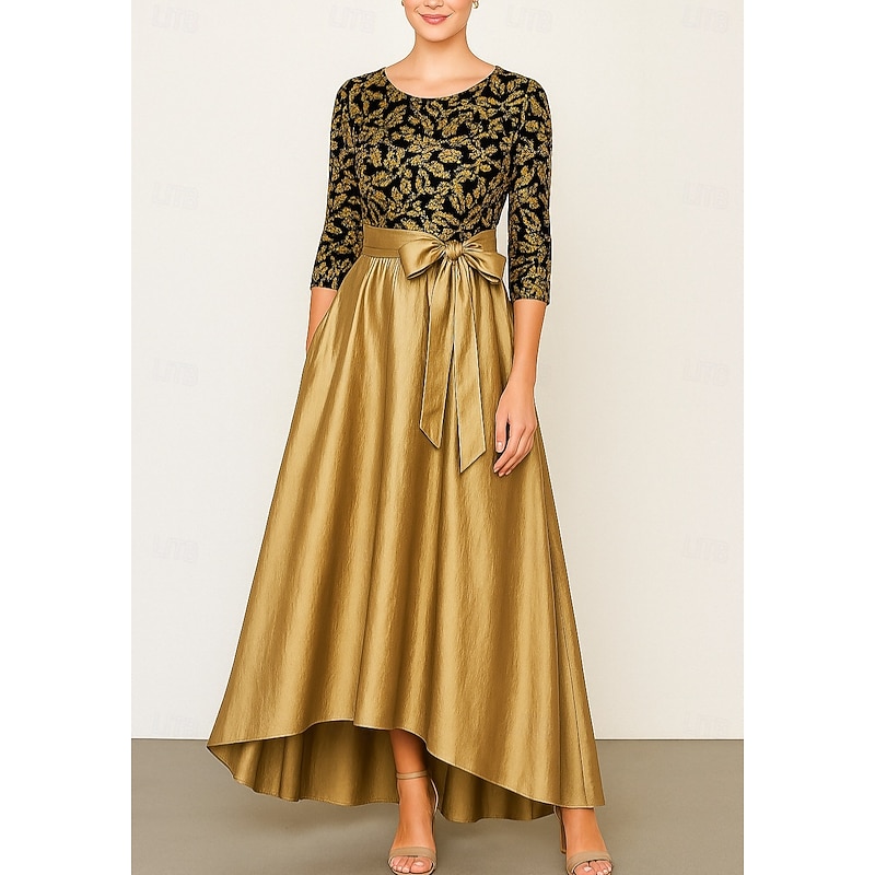 Gold Black Sequined A-Line Evening Gown Elegant Formal Dress Formal Wedding Asymmetrical Short Sleeve Crew Neck Pocket Satin with Floral Print 20253