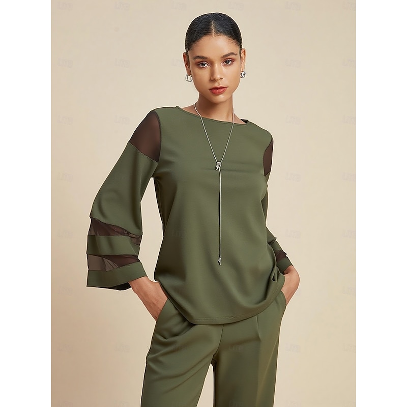 Women's Army Green Tencel Roma Mesh Sleeve Patchwork Round Neck Eight Sleeve Short Blouse3