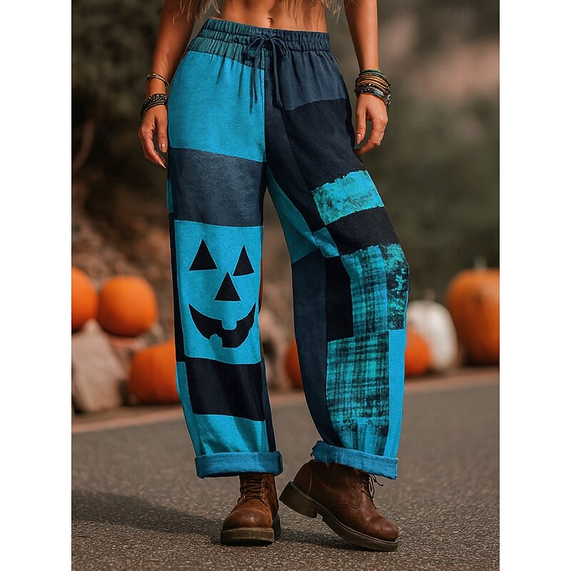 Women's Culottes Wide Leg Vacation Vintage Ethnic Style Full Length High WaistPantsHalloween Graphic Skull Monster Drawstring Patchwork Printing Quick Dry Breathability Soft Inelastic Formal Outdoor2