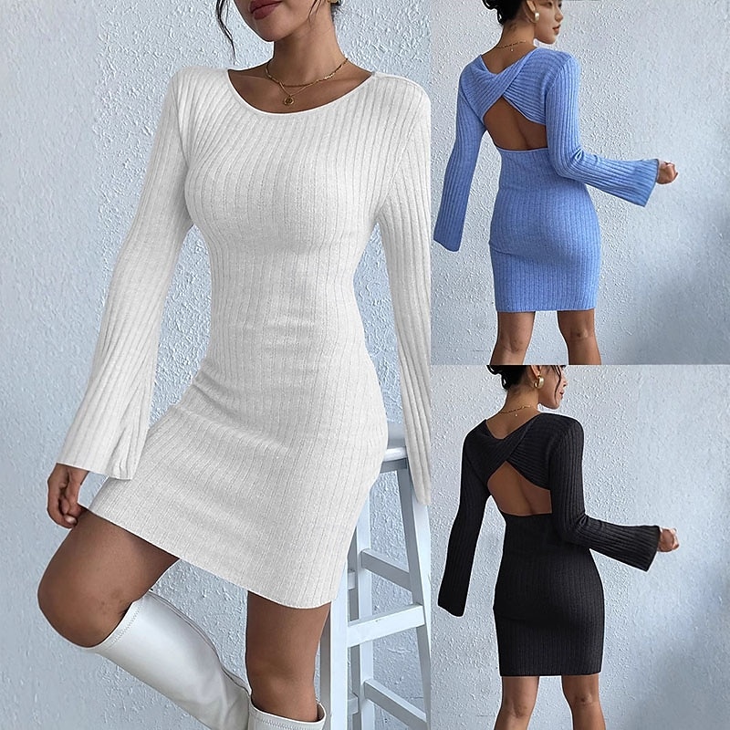 Women's Mini Dress Sweater Dress Bodycon Sheath Dress Fashion Modern Flare Cuff Sleeve Daily Going out Weekend Regular Fit Plain Long Sleeve Crew Neck Black White Blue Spring Fall