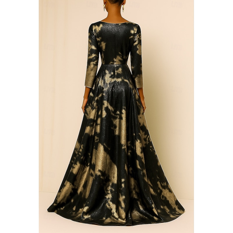 Black Gold A-Line Evening Gown Elegant Formal Dress Formal Wedding Floor Length Half Sleeve V Neck Pocket Nylon with Floral Print 20252