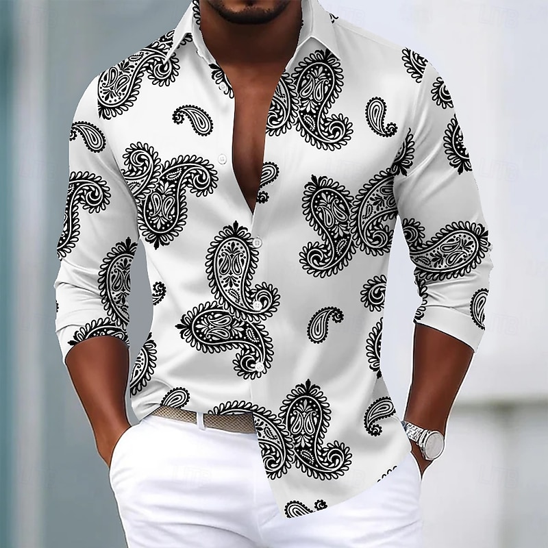 Men's Paisley Floral Print Ethnic Shirt Satin Shirt Dress Shirt Long Sleeve Vintage Retro Vacation Dailywear Summer Spring Fall Turndown 3D Print Button Up Shirts White Yellow Blue Light Blue2