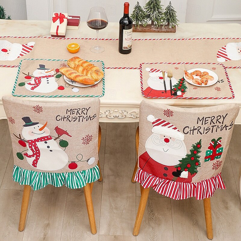 Burlap Christmas Chair Covers, Creative Santa Claus & Snowman Applique with Festive Stripes, Holiday Seat Covers for Dining Room and Home Decoration2