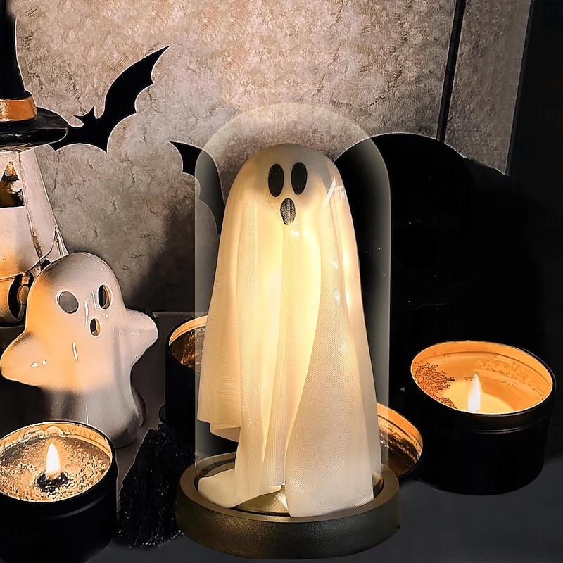 1Pack Halloween Decor-Halloween Decorations Indoor-Light Up Ghost in Plastic Cloche-Cute Ghost with Light for Home Kitchen Mantel Tabletop Party Decor and Holiday Decorations4