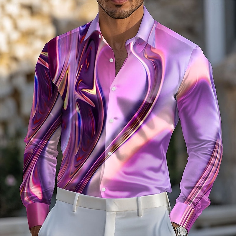 Men's Geometric Gradient Color Abstract Art Shirt Satin Shirt Dress Shirt Long Sleeve Fashion Casual Vacation Dailywear Summer Spring Fall Turndown 3D Print Button Up Shirts Blue Pink / Purple Purple2