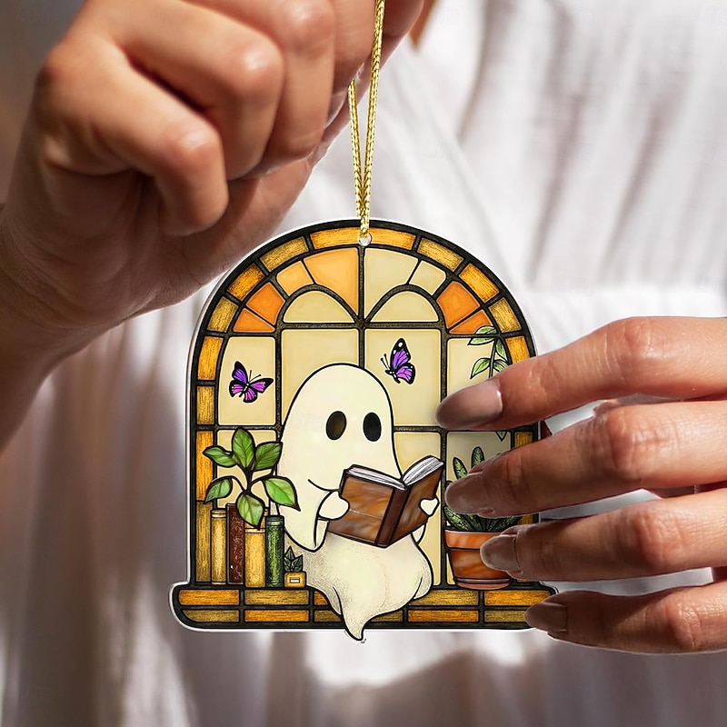 Halloween Faux Stained Glass Ghost Ornaments Acrylic, Halloween Decor Cute Suncatcher, Cute Ghost Gift For Book Lovers, Gothic Fall Decor For Window, Halloween Gifts for Women4