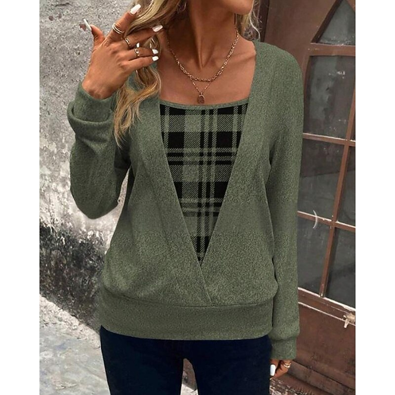 Women's Shirt Blouse Plaid Stylish Basic Casual Long Sleeve Square Neck Regular Tops Daily Holiday Patchwork Print Green Spring Fall Winter