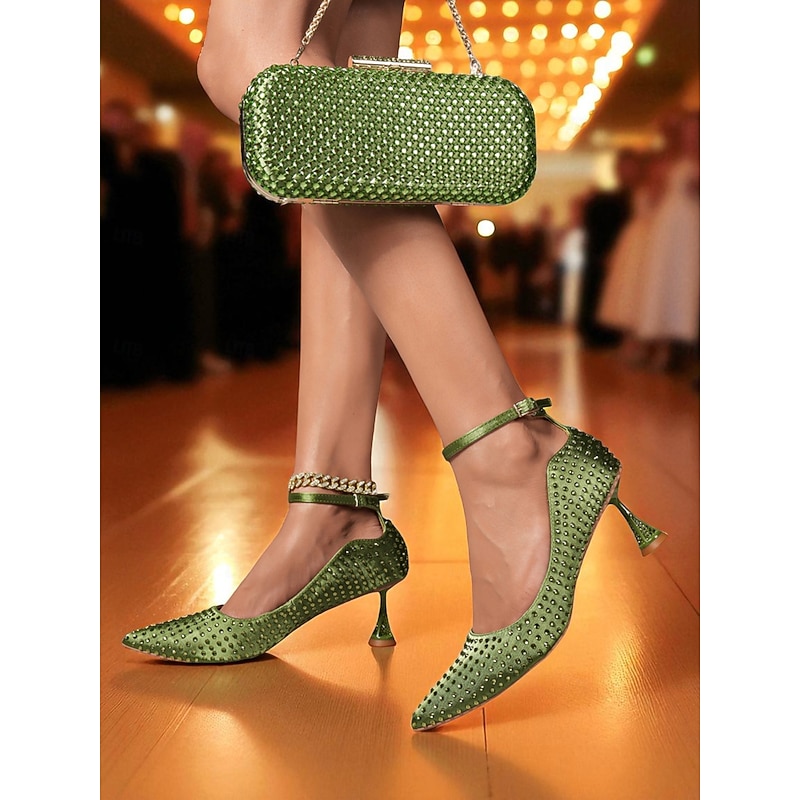 Women's Green Rhinestone Heels and Matching Clutch Bag Set - Elegant Pointed Toe Pumps with Ankle Strap for Formal Events and Cocktail Parties