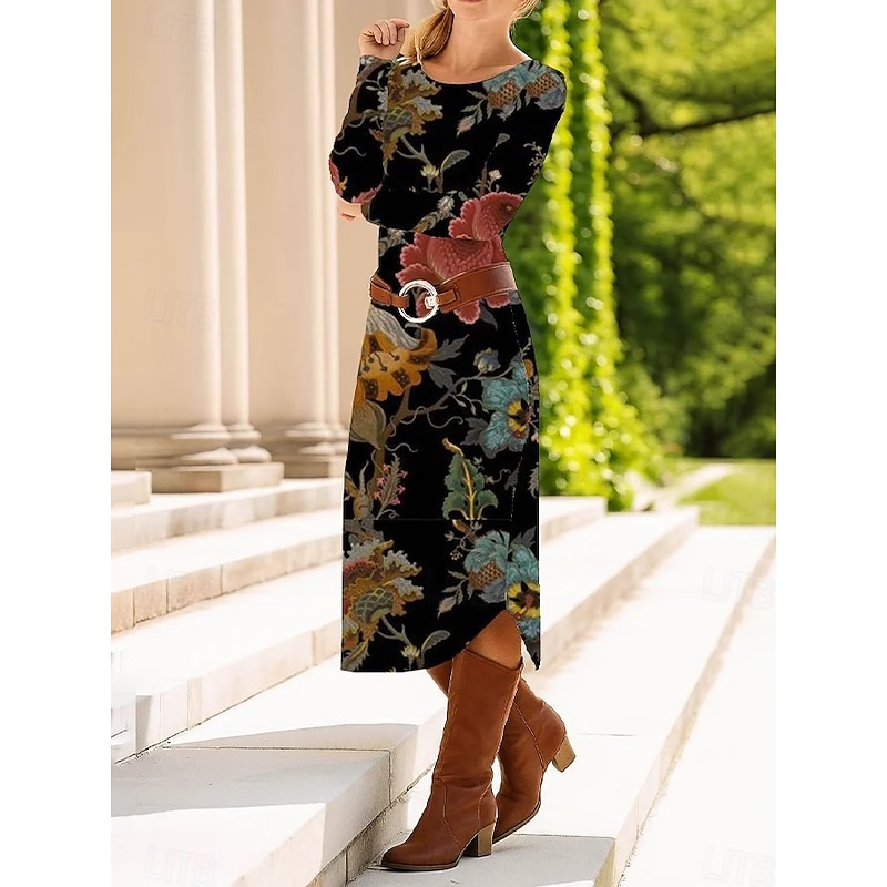 Women's Midi Dress Sheath Dress Shift Dress Casual Daily Regular Fit Graphic Paisley Abstract Long Sleeve Crew Neck Red Blue Green Spring Fall Winter Autumn