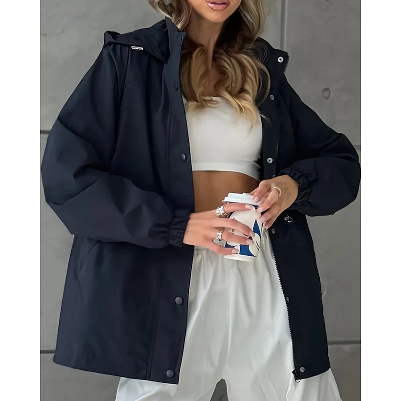 Women's Winter Coat Hoodie Jacket Warm Comfortable Zipper Pocket Casual Plain Vacation Daily Wear Going out Weekend Regular Hooded Regular Fit Long Sleeve Outerwear Navy Black Rose Red Fall Winter2