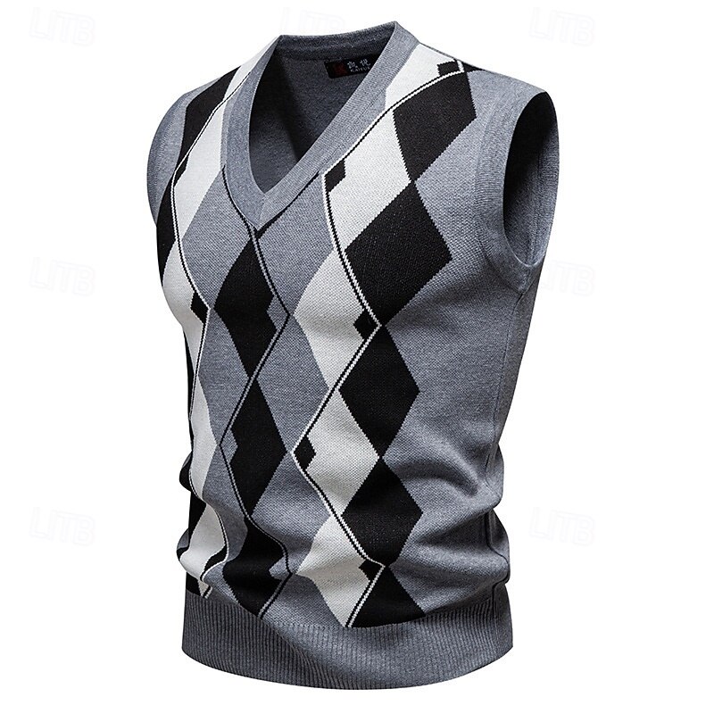 Men's Sweater Sweater Vest Pullover Sweater Jumper Ribbed Knit Regular Tops Knitted Slim Fit Argyle V Neck Knitwear Contemporary Casual Daily Wear Clothing Apparel Winter Spring &  Fall Navy Blue Blue2