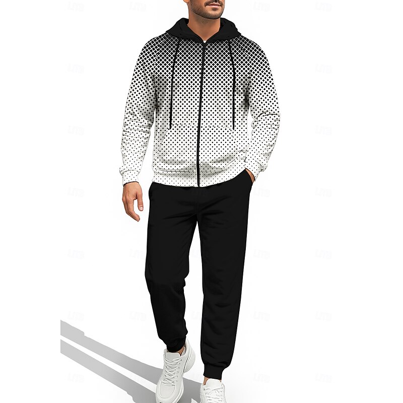 Men's Hoodie Tracksuit Zip Hoodie Drawstring Pockets Geometric Pants Hoodie Sweatshirt Fall Black with White Gym Workout Casual Basketball Baggy Long Sleeve Sport Activewear Stretchy Regular Fit3
