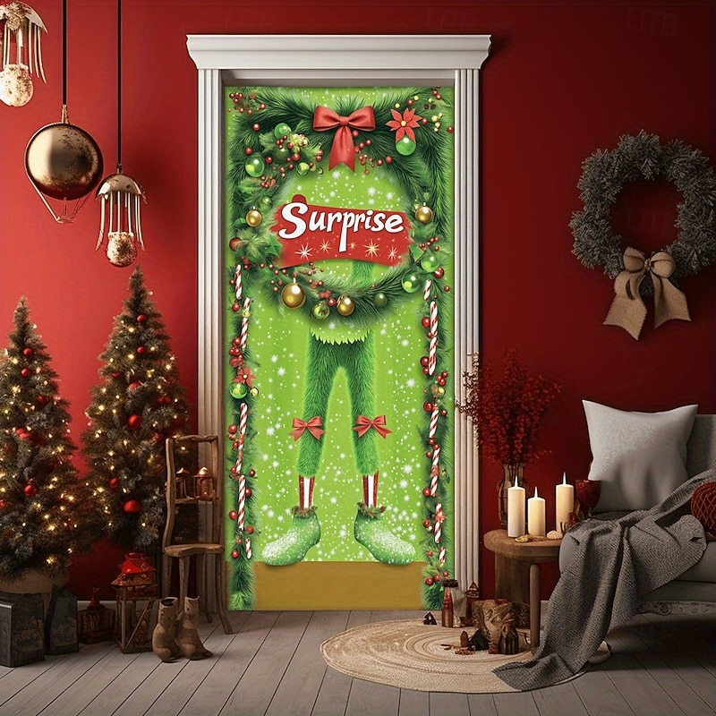 Christmas Door Cover Golden Christmas Tree Colorful Holiday Christmas Trees Surprise Festive Winter Drapes Home Decor Curtain Large Seasonal Decoration for Living Room Bedroom Celebration2