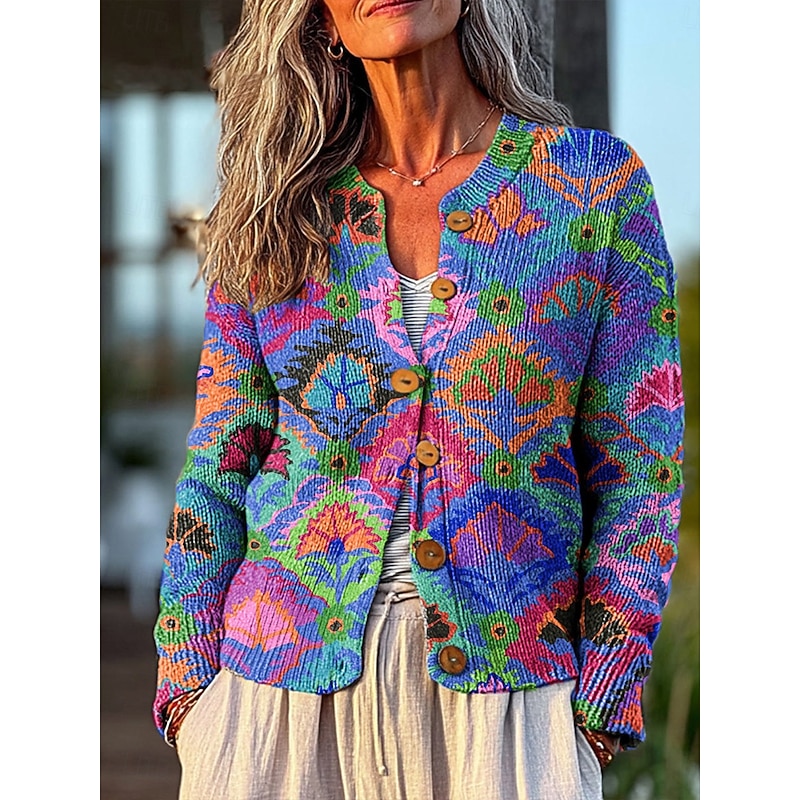 Women's Cardigan Daily Graphic Geometric Ribbed Crew Neck Floral Buttons Print Long Sleeve Regular Tops Knit Outdoor Weekend Blue Spring Fall