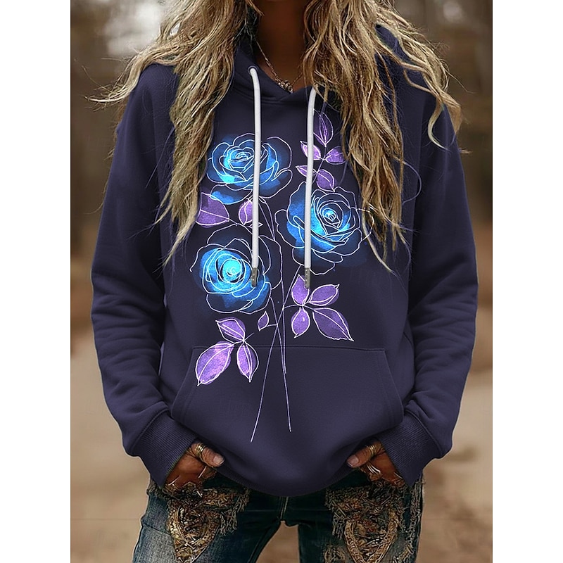 Women's Pullover Hoodies Floral Rose Fashion Streetwear Casual Long Sleeve Hooded Regular Tops Dailywear Casual Sports Drawstring Pocket Print Black White Spring Fall3