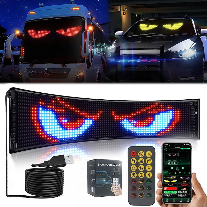 High-Brightness Devil Eyes LED Light Strips for Cars/Trucks/SUVs - 23.6x4.73 Customizable Windshield Decoration with App Control IP68 Waterproof USB-Powered