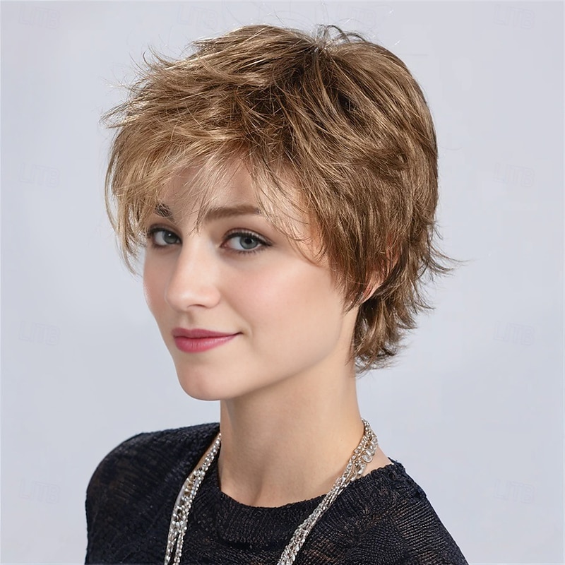 Women’s Short Brown Pixie Wig Layered Tousled Cut with Bangs Natural Looking Realistic Synthetic Hair Heat Resistant Elegant Daily Wear Fashion Style