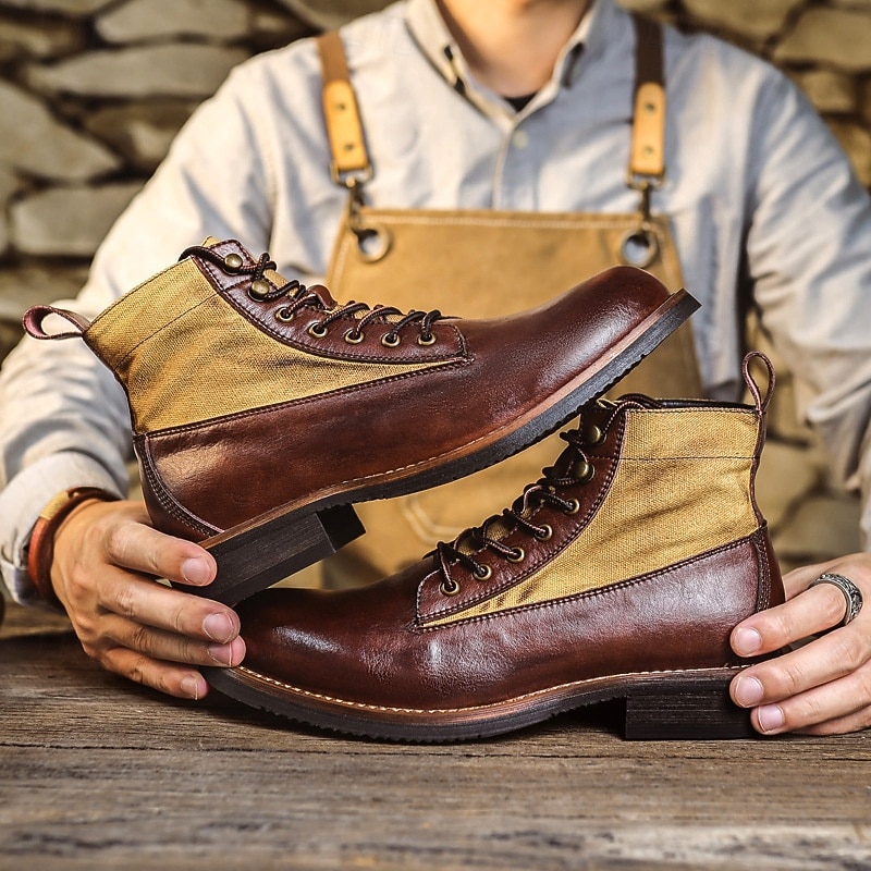 Men's Brown and Tan Lace-Up Work Boots with Contrast Panels, Rugged Mid-Calf Design for Gentlemen, Suitable for Outdoor Work, Hiking and Casual Outfits2