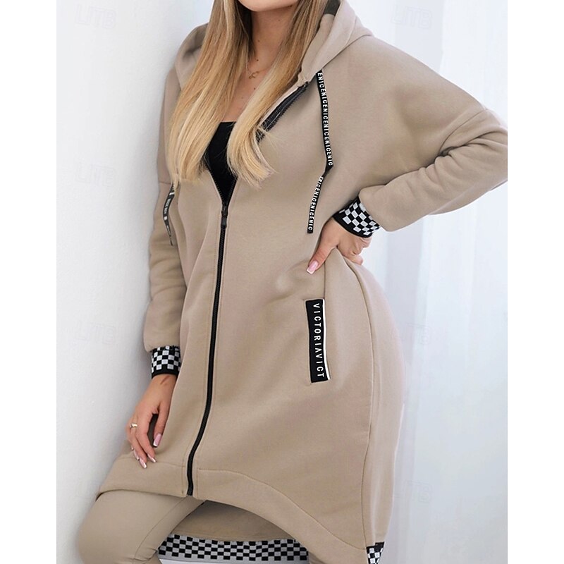 Women's Trench Coat Hoodie Jacket Warm Comfortable Zipper Pocket Irregular Hem Casual Plaid Vacation Going out Weekend Long Hooded Loose Fit Long Sleeve Outerwear Black White Pink Fall Winter