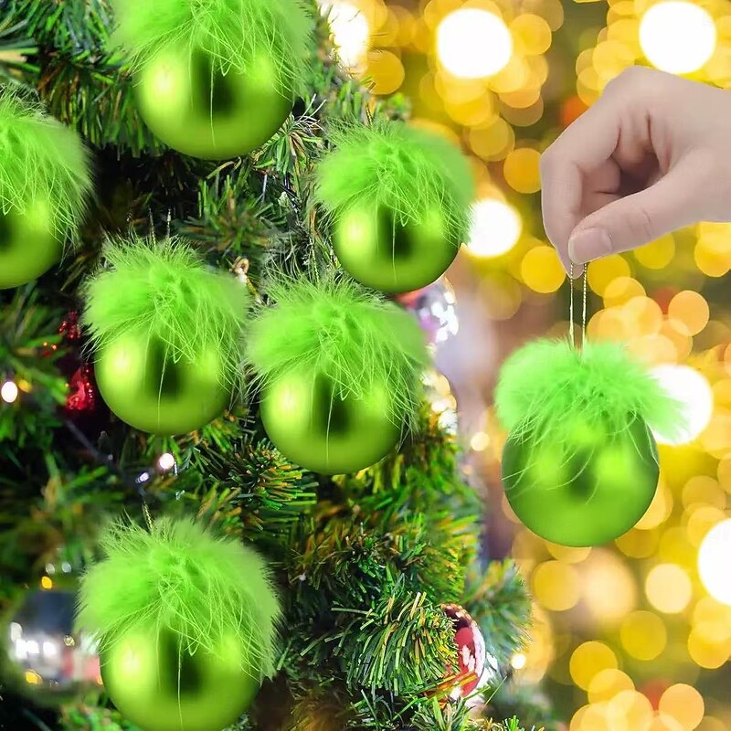 6/12pcs Christmas Tree Ornaments with Green Monster Furry Hair, Funny Holiday Hanging Baubles for Xmas Party, Home Decoration, Kids Gift Set2