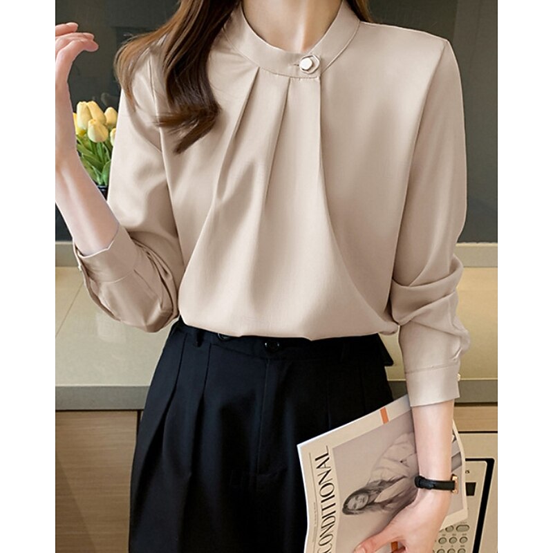 Women's Shirt Elegant Dressy Satin Plain Stylish Formal Long Sleeve V Neck Regular Tops Work Going out Ruched Buttons White Champagne Blue Gray Spring Fall