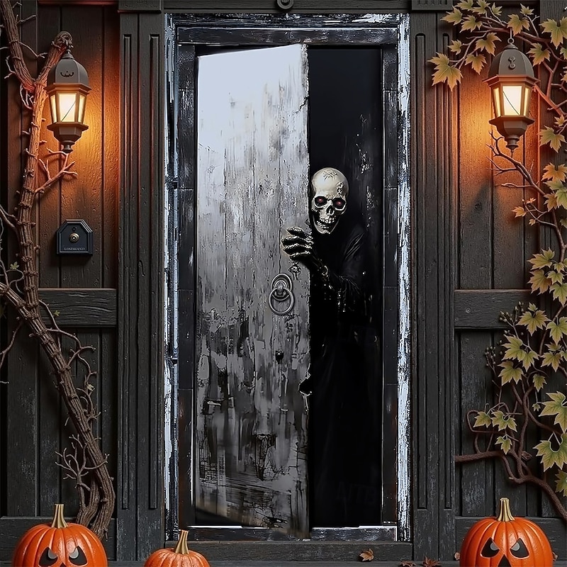 Halloween Tapestry Door Cover Outdoor Banners Skeleton 3D Dark Punk Gothic Style Party Dorm Teens Room College Dorm Guys Man Cave Frat Bedroom Shooting Backgrounds Home Decor
