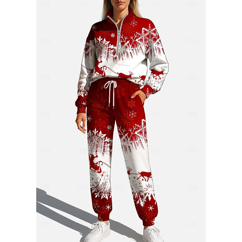 Christmas Women's Sweatshirt Tracksuit Sweatsuit Drawstring Zipper Jacket and Sweatpants Athletic Clothing Set Spring White+Red Casual Workout Outdoor Soft Baggy Long Sleeve Sport Activewear3