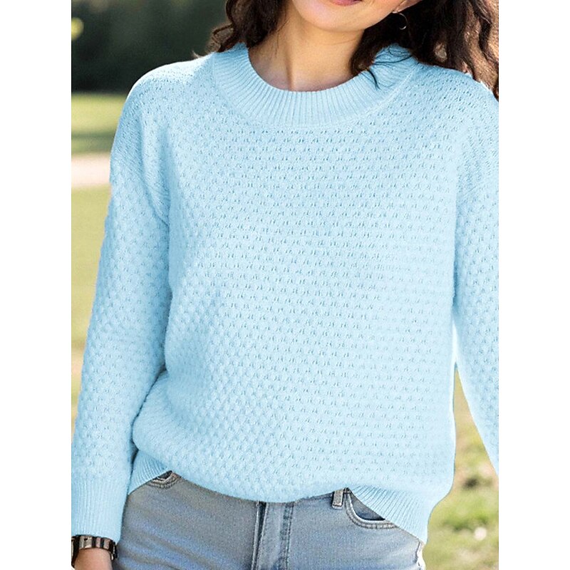 Women's Pullover Elegant Fashion Streetwear Solid Color Chunky Crew Neck Knitted Textured Long Sleeve Regular Tops Knit Formal Outdoor Home Pink Blue Spring Fall3