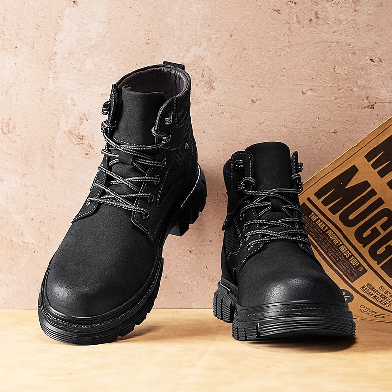 Black Faux Leather Men's Lace-Up Boots with Chunky Sole and Military Style – Perfect for Harley Riders, Punk Rockers, Casual Wear and Trendy Street Fashion3