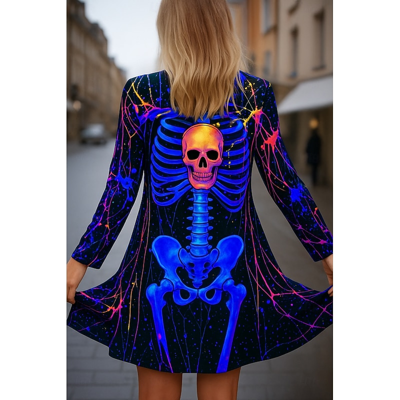 Halloween Skull Women's Cloak / Capes Quick Dry Lightweight Knit Active Exaggerated 3D Casual Long Collarless Regular Fit Long Sleeve Outerwear Blue Purple Orange Spring Fall4